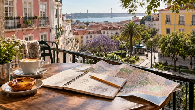 A scouting notebook and folded abstract map on a cafe table overlooking several distinct neighbourhood streets and a small park.