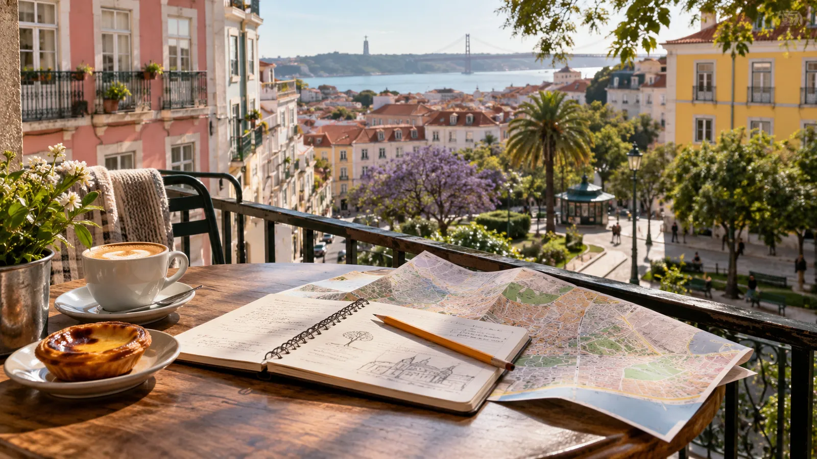 A scouting notebook and folded abstract map on a cafe table overlooking several distinct neighbourhood streets and a small park.