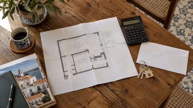 A folded apartment plan with no readable dimensions.