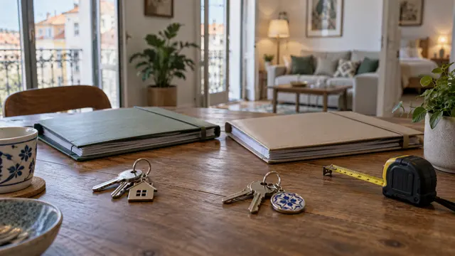 A prospective renter's table with two separate closed property folders.