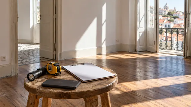 A property viewing kit on a wooden stool in an empty apartment: a torch.